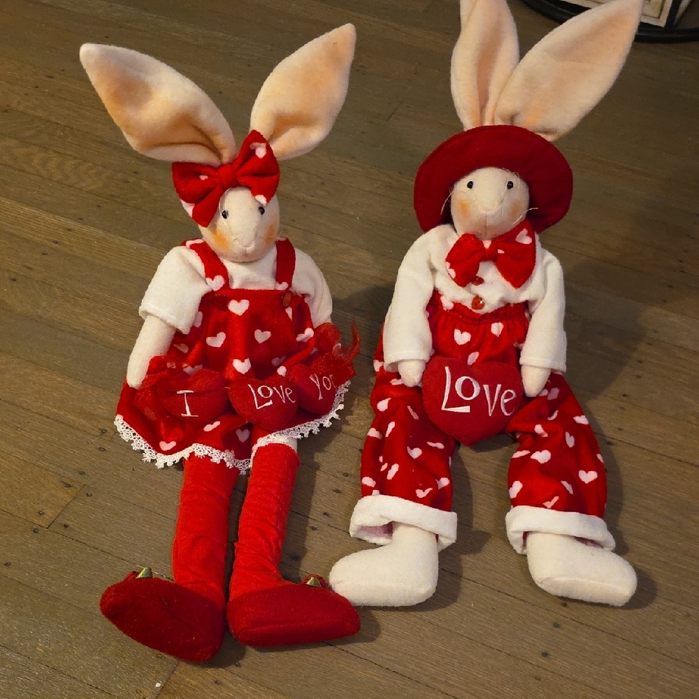 Valentine's Day Plush Bunny Couple: Miss Elles- Artisan Flair- Decor. 25" Long